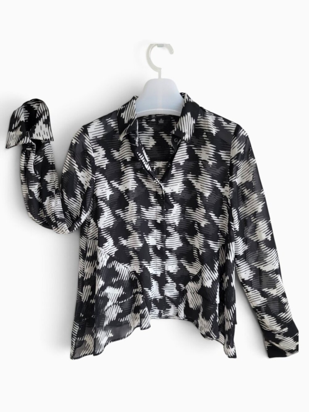INC Abstract Print Blouse XS Black White Sheer Button Front Modern Minimalist